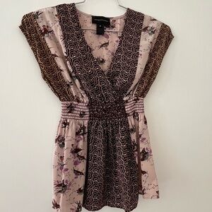 Anthropologie Top Blouse Size 6 Bird Print Y2K Empire Waist Babydoll Mauve Boho